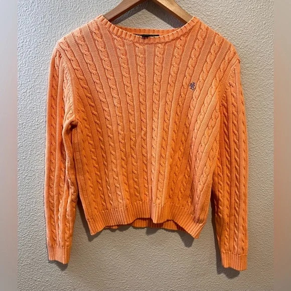 Lauren Ralph Lauren Vtg Cable Knit 100% Cotton Crewneck Cropped Sweater M - Picture 1 of 9